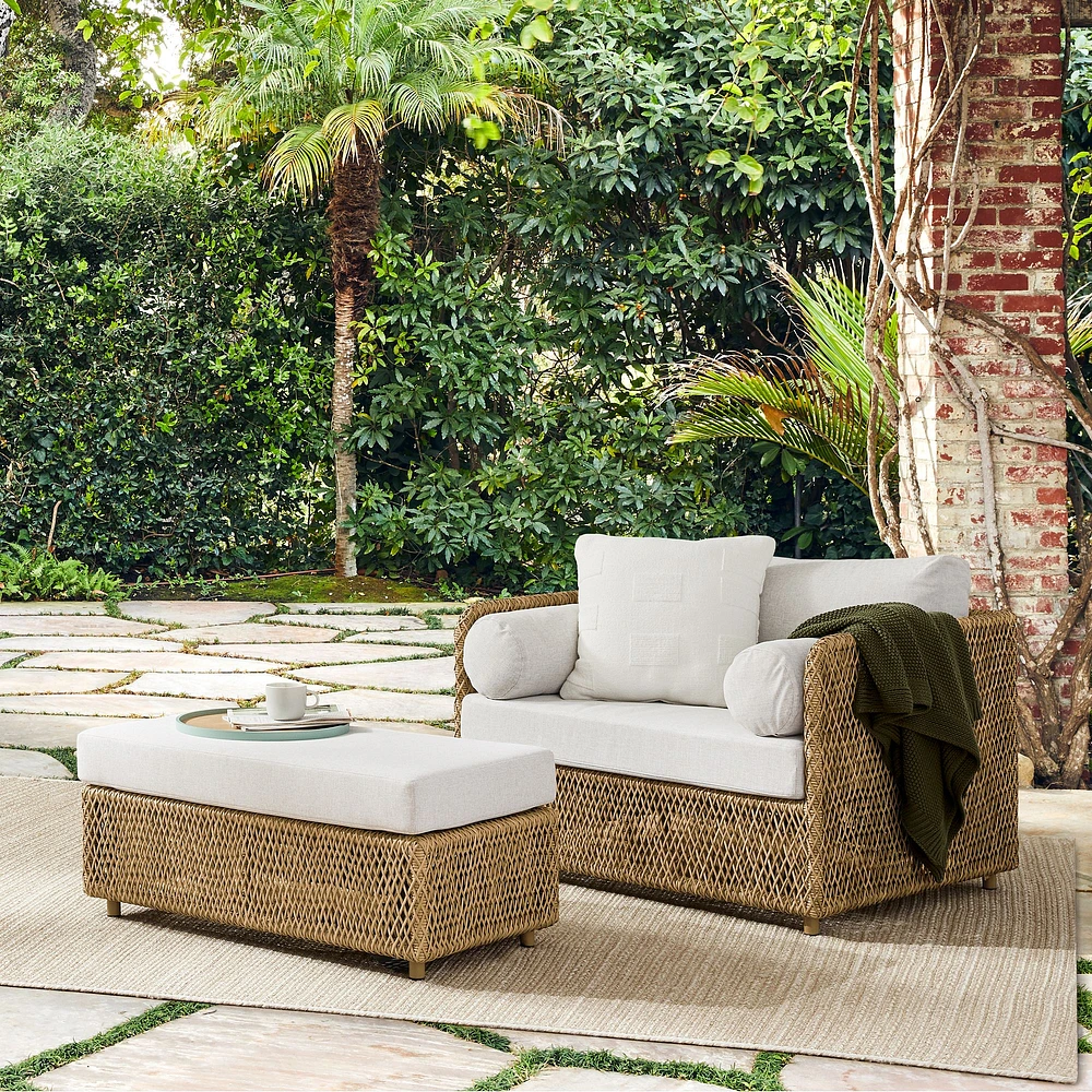 Coastal Outdoor Lounge Set: Chair + Ottoman, All Weather Wicker, Natural