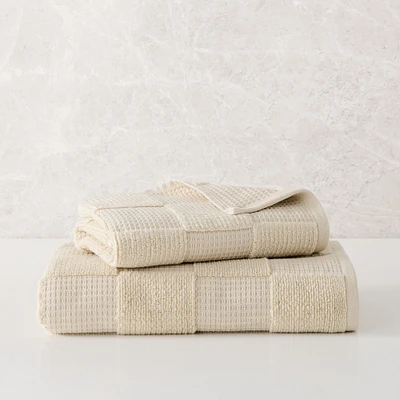 Waffle Checkered White Set of 2 - (1 Bath Towel, 1 Hand)