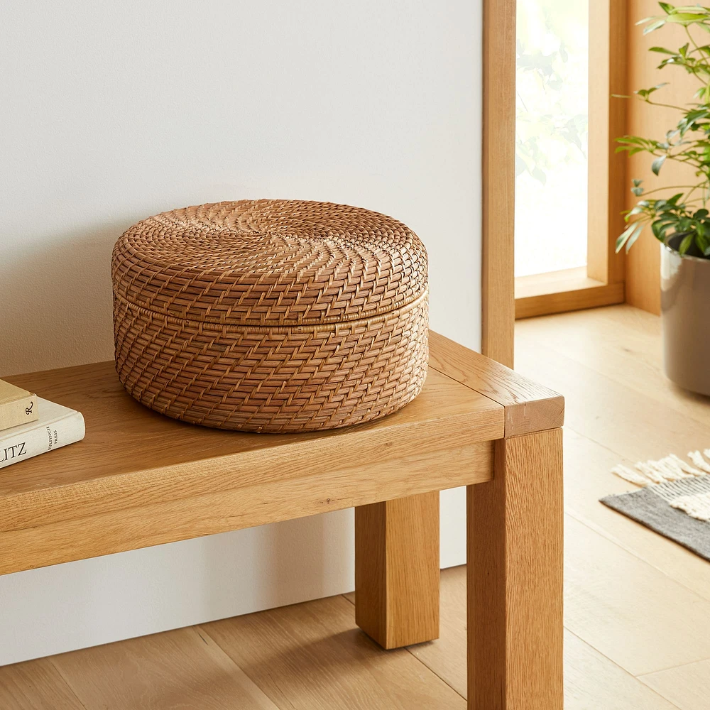 Morden Weave, Round Lidded Baskets, Whitewash, Medium, 16"D x 8"H