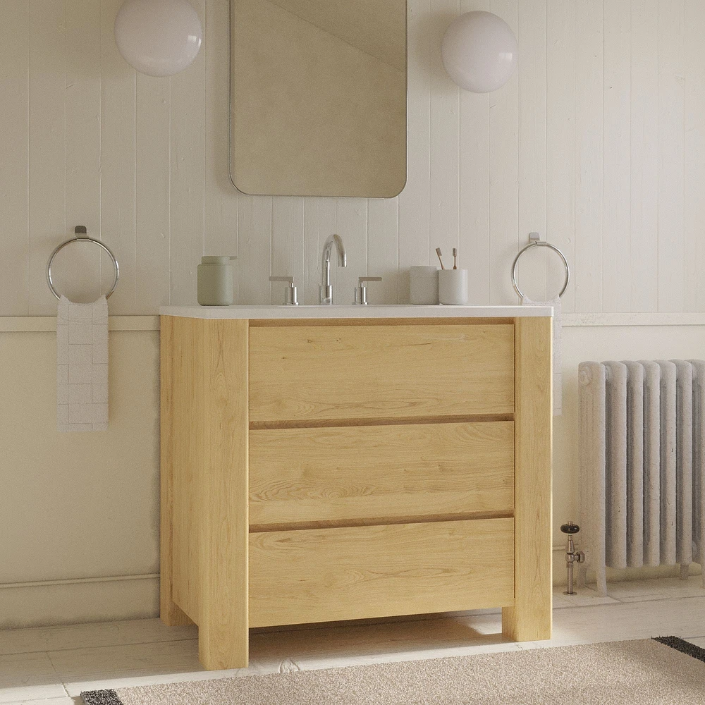 Graham Fully Closed 36" Single Vanity, Toasted Oak, White Quartz Top