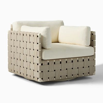 Porto Cristo Outdoor Swivel Chair with Aluminum Webbing, Seashore Bone, Crosshatch Weave, Alabaster