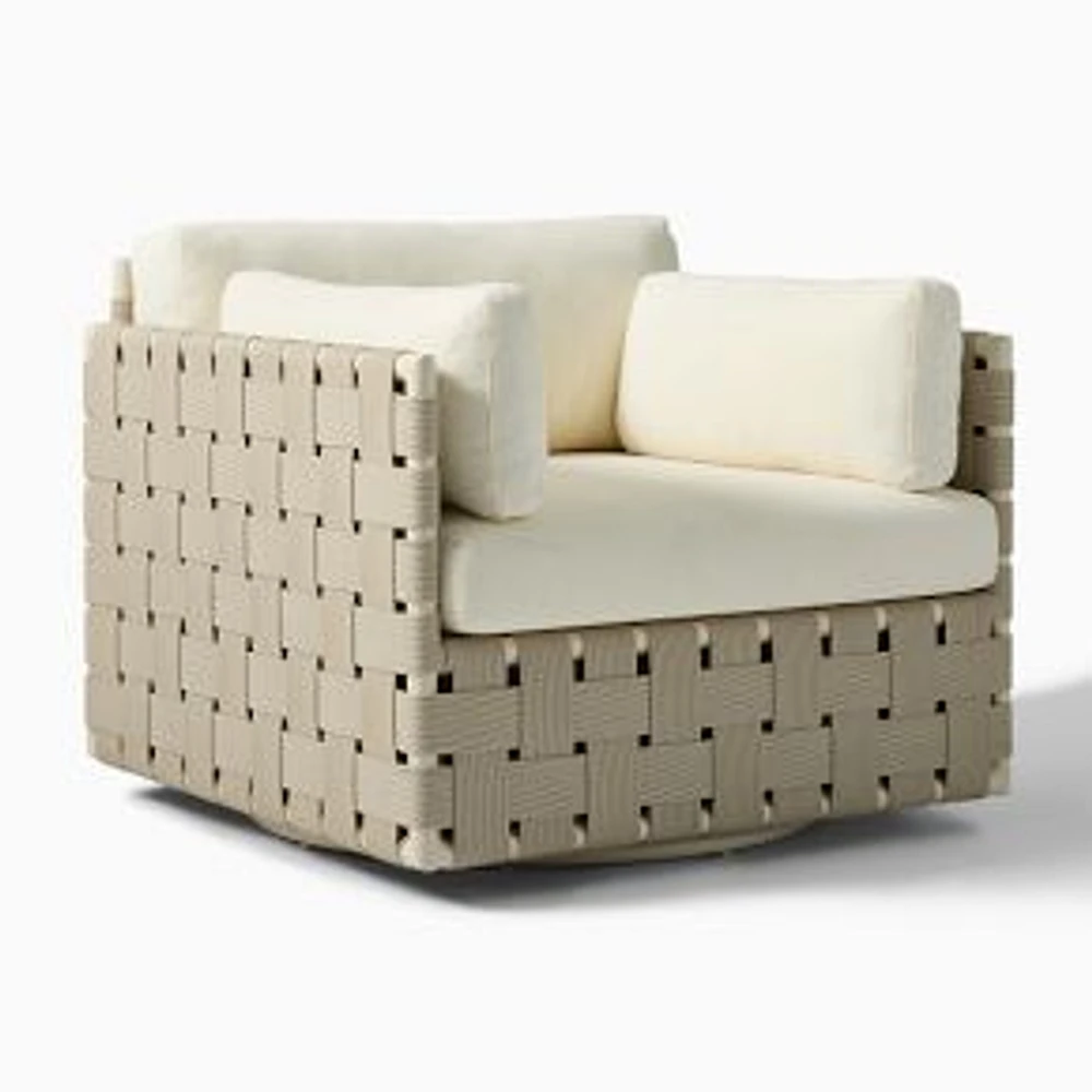 Porto Cristo Outdoor Swivel Chair with Aluminum Webbing, Seashore Bone, Crosshatch Weave, Alabaster