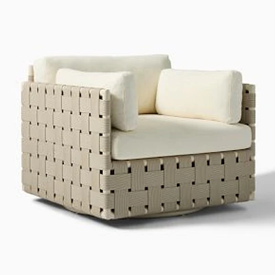 Porto Cristo Outdoor Swivel Chair with Aluminum Webbing, Seashore Bone, Crosshatch Weave, Alabaster