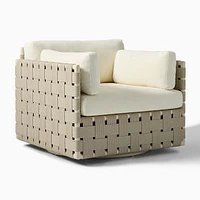 Porto Cristo Outdoor Swivel Chair with Aluminum Webbing, Seashore Bone, Crosshatch Weave, Alabaster