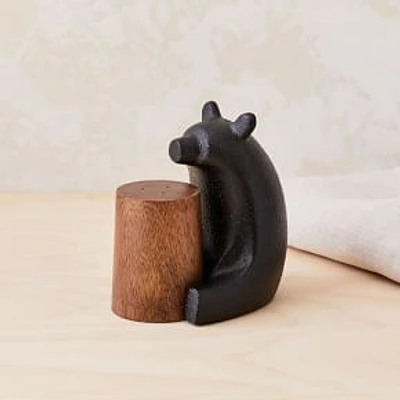 Bear Shaped Salt + Pepper Shaker, Metal + Wood, Set of 2