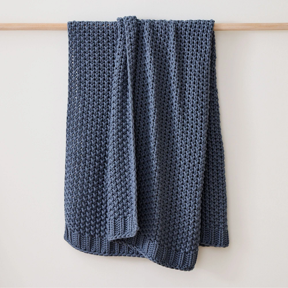 Open Box: Chunky Cotton Knit Throw, 50"x60", Marina Blue