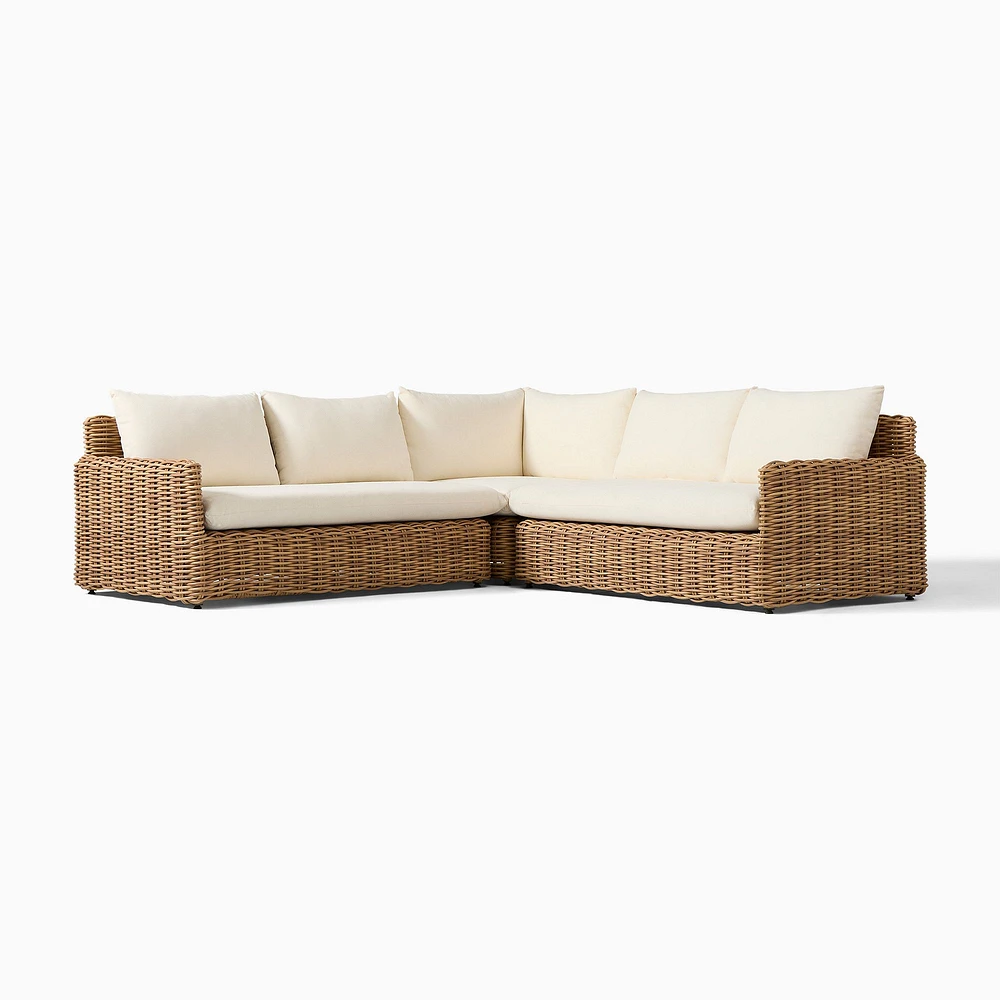 Westport Slim Profile Outdoor 3-Piece L-Shaped Sectional, All Weather Wicker, Natural, Crosshatch Weave, Alabaster
