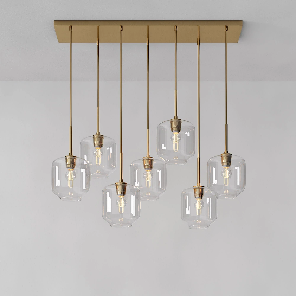 Sculptural 7 Light Chandelier Antique Brass Clear Glass Pebble  (51")