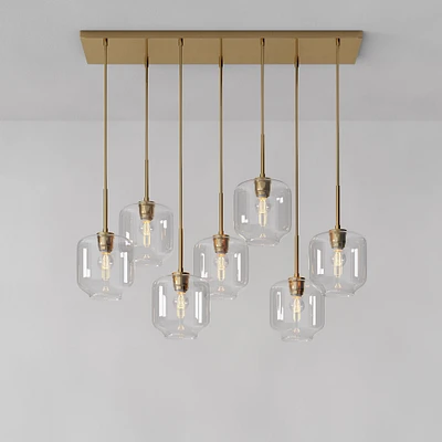 Sculptural 7 Light Chandelier Antique Brass Clear Glass Pebble  (51")