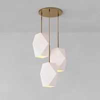 Sculptural 3 Light Chandelier Antique Brass Milk Glass Faceted  7"