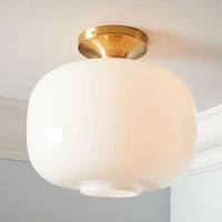 Sculptural Flush Mount Antique Brass Milk Glass Pebble  (7.5")