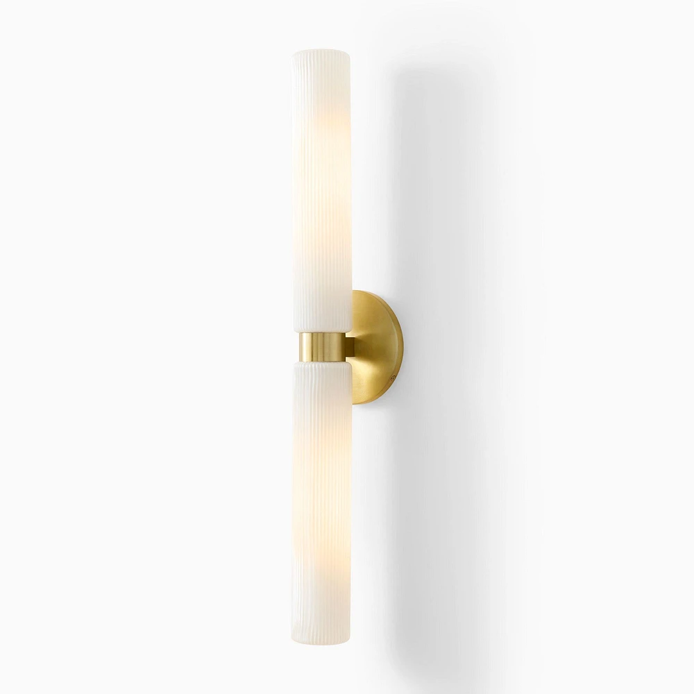 Fluted Outdoor Sconce, Double Long Milk Glass, Antique Brass,
