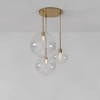 Sculptural 3 Light Chandelier Antique Brass Clear Glass Globe  6.5"