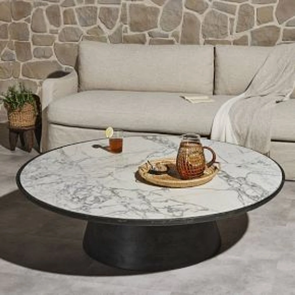 Jozette Outdoor Coffee Table, Aged Grey-Veined White Marble