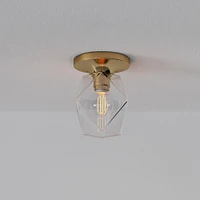 Sculptural Flush Mount Antique Brass Clear Glass Faceted  5.5"