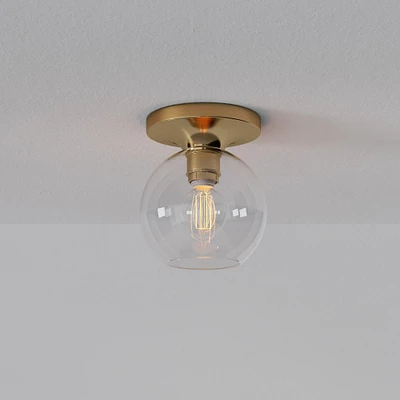 Sculptural Flush Mount Antique Brass Clear Glass Globe 6.5