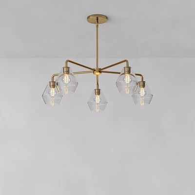 Sculptural 5 Light Chandelier Antique Brass Clear Glass Geo  (6")