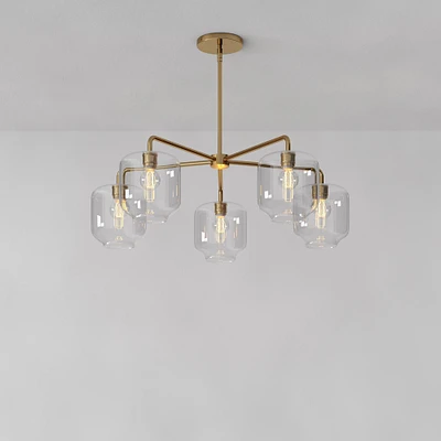 Sculptural 5 Light Chandelier Antique Brass Clear Glass Pebble  (7.5")