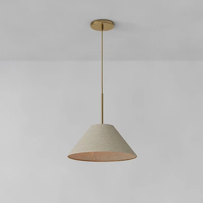 Sculptural Pendant Antique Brass Natural Linen Tapered Cone  (18")