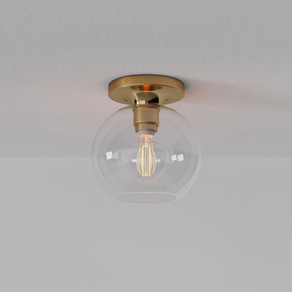 Sculptural Flush Mount Antique Brass Clear Glass Globe 6.5