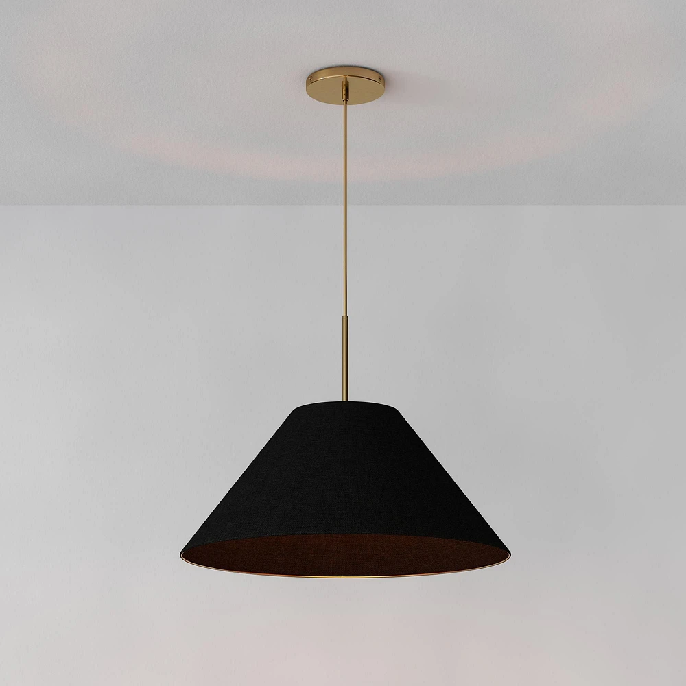 Sculptural Pendant Antique Brass Black Linen Tapered Cone  (25")