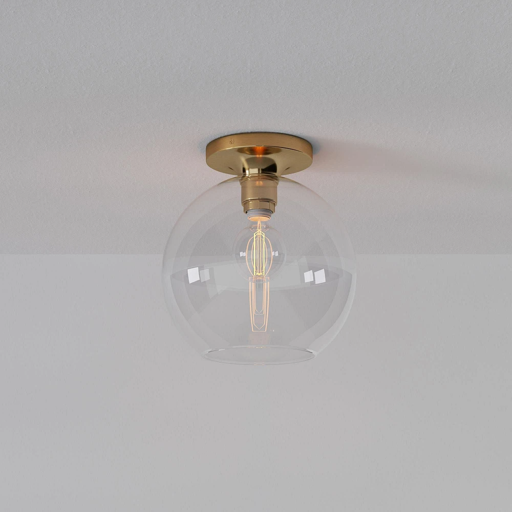 Sculptural Flush Mount Antique Brass Clear Glass Globe 6.5
