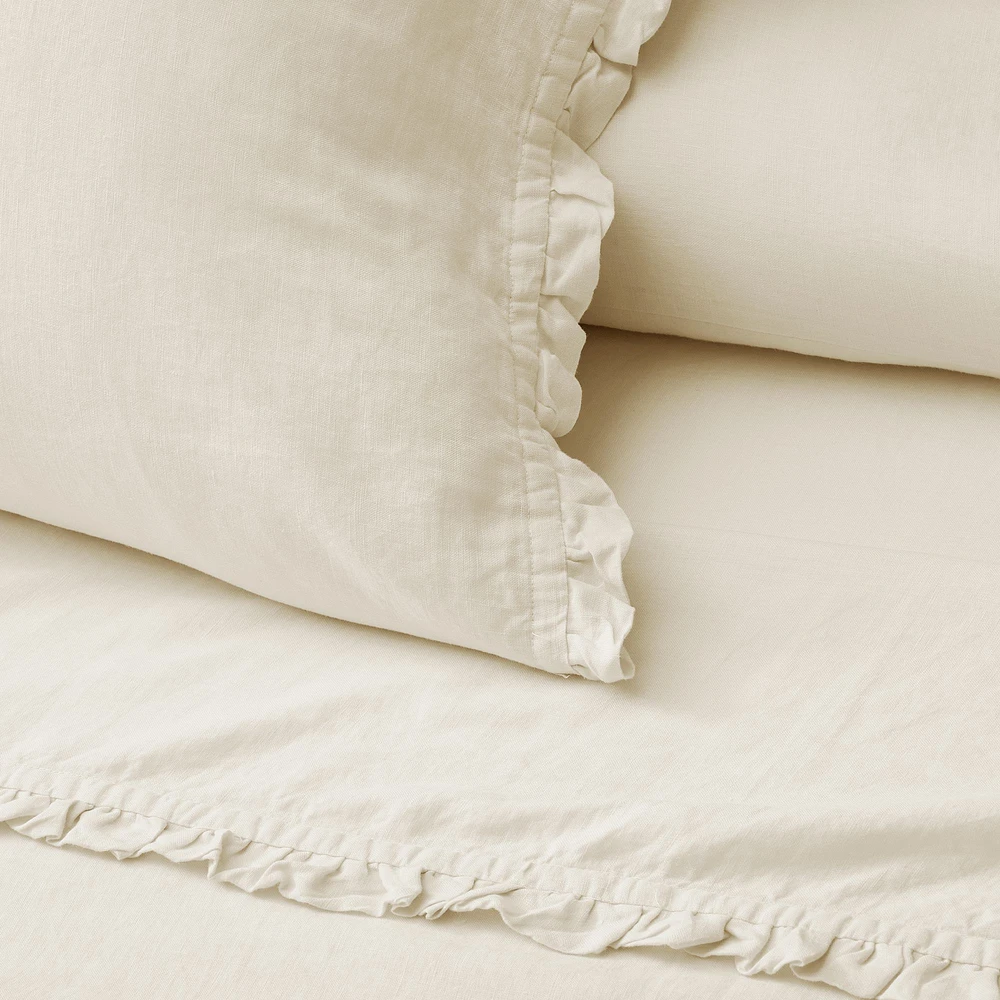 European Flax Linen Ruffle Sheet Set, Full, White