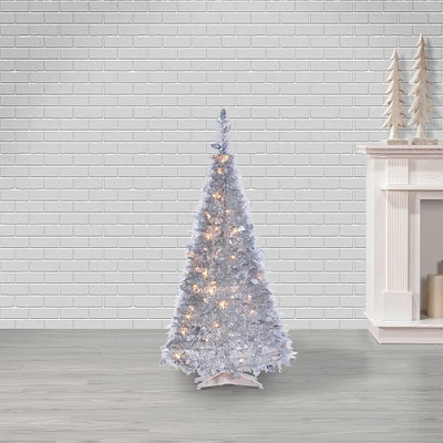 Pre-Lit Faux Pop-Up Silver Christmas Tree w/ Warm White Lights, 4ft