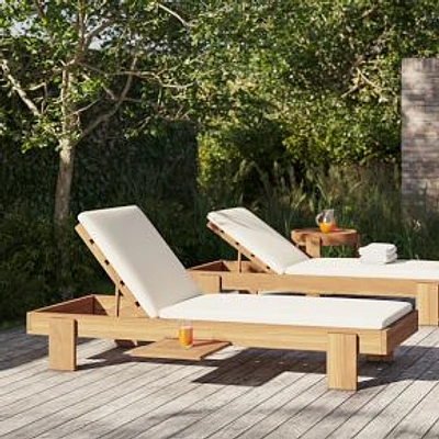 Monterey Outdoor Chaise Lounge with Cushion and Tray, Natural Teak, Crosshatch Weave, Alabaster