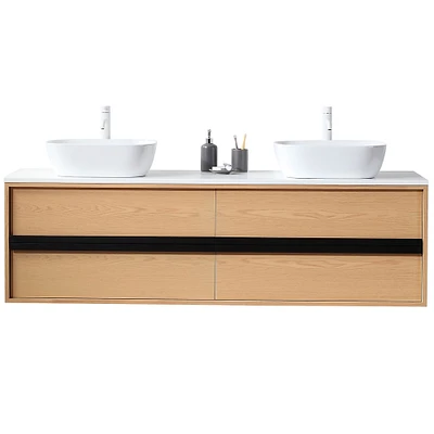 Calvet Floating Double Bathroom Vanity, 72" Wide, Whitewash Oak