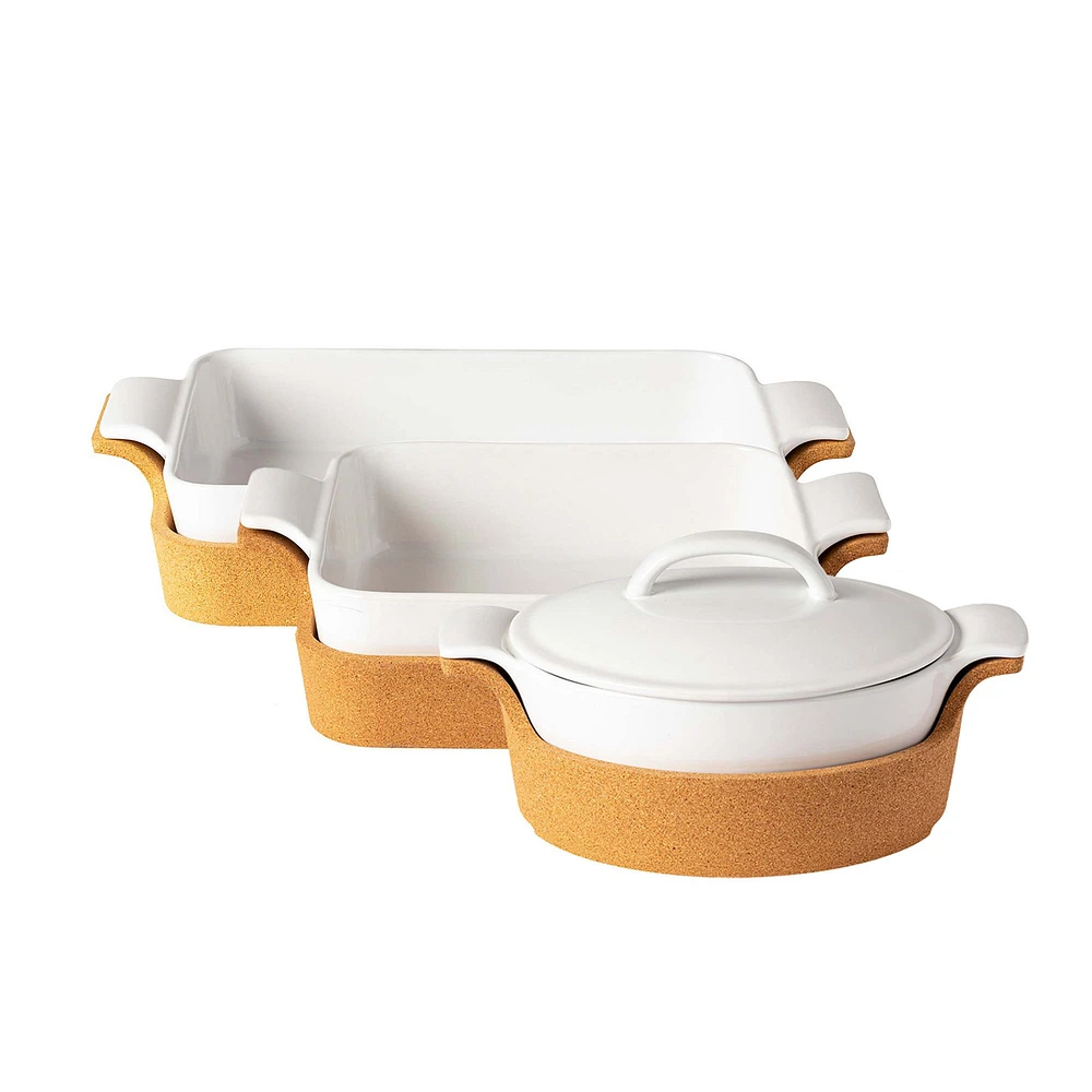 Ensemble Square Baker & Rectangle Baker & Oval Casserole with Cork Tray, White