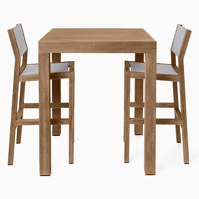 Portside Outdoor Dining Set: Bar Table, Driftwood 35" sq + Stool,