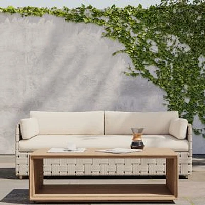 Porto Cristo Outdoor 76" Sofa with Aluminum Webbing, Seashore Bone, Crosshatch Weave, Alabaster