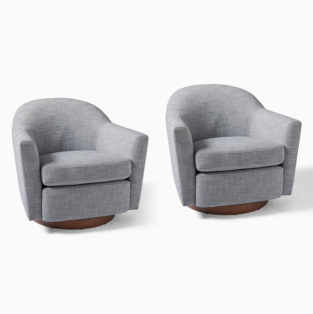 Haven Swivel Chair, Yarn Dyed Linen Weave, Graphite, Dark Walnut, Set of 2