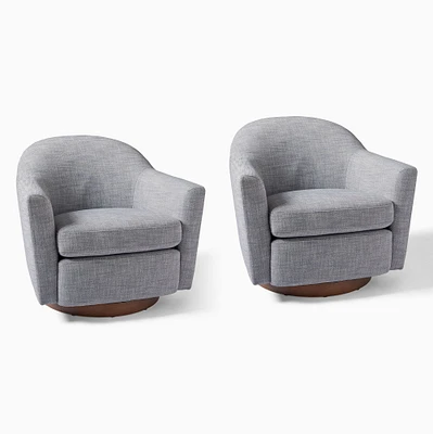 Haven Swivel Chair, Yarn Dyed Linen Weave, Graphite, Dark Walnut, Set of 2
