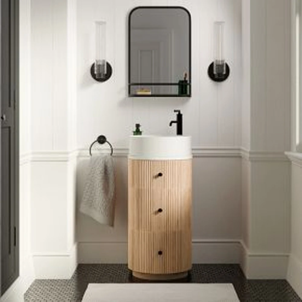 Ellington 18" Single Vanity, Vessel Sink, Blonde, White Marble Top, Dark Bronze Hardware