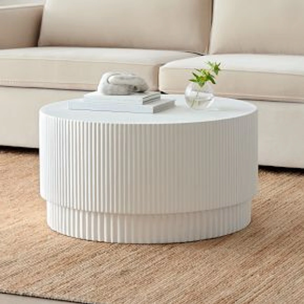 Fluted Ceramic 32" Indoor/Outdoor Round Coffee Table, White