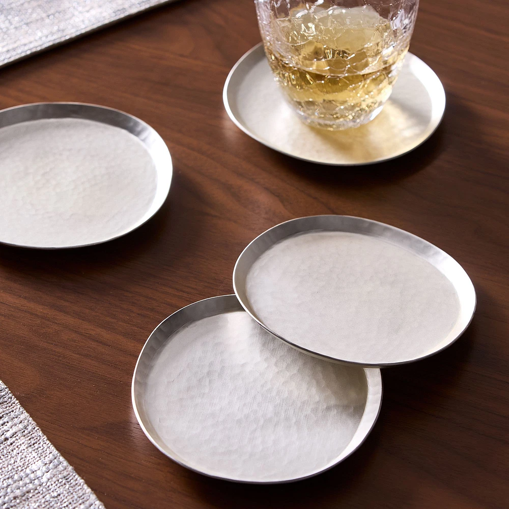 Iris Hammered Metal Coasters, Silver, Set of 4
