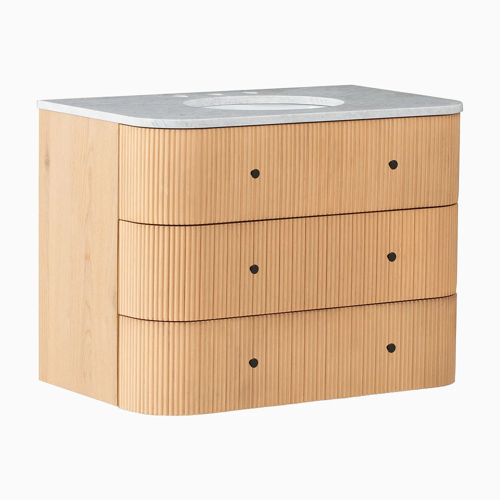 Ellington Single 24" Floating Bath Vanity, Blonde, White Marble Top, Anitque Brass Hardware