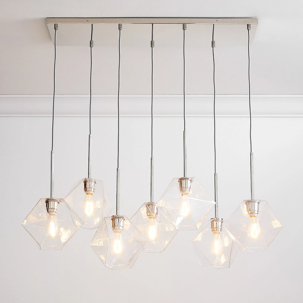 Sculptural 7 Light Chandelier Antique Brass Clear Glass Faceted  7"