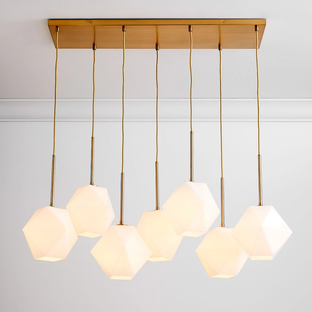 Sculptural 7 Light Chandelier Antique Brass Clear Glass Faceted  7"