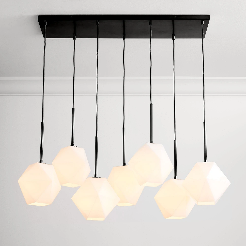 Sculptural 7 Light Chandelier Antique Brass Clear Glass Faceted  7"