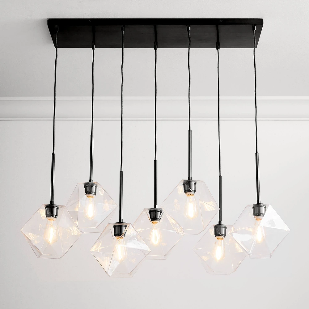 Sculptural 7 Light Chandelier Antique Brass Clear Glass Faceted  7"