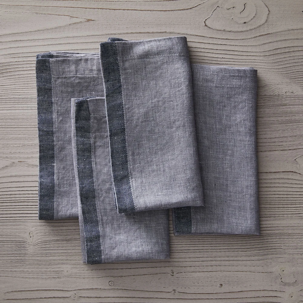 Contrast Border Linen Napkins, White, Set of 4, 18"x18"