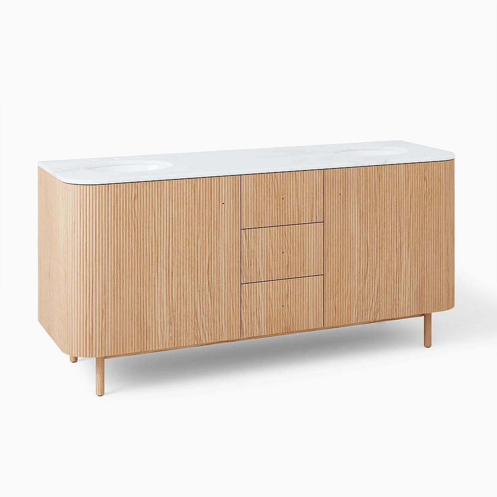 Ellington Double 63" Bath Console, Resin, Blonde, Antique Brass Hardware, White Marble Top