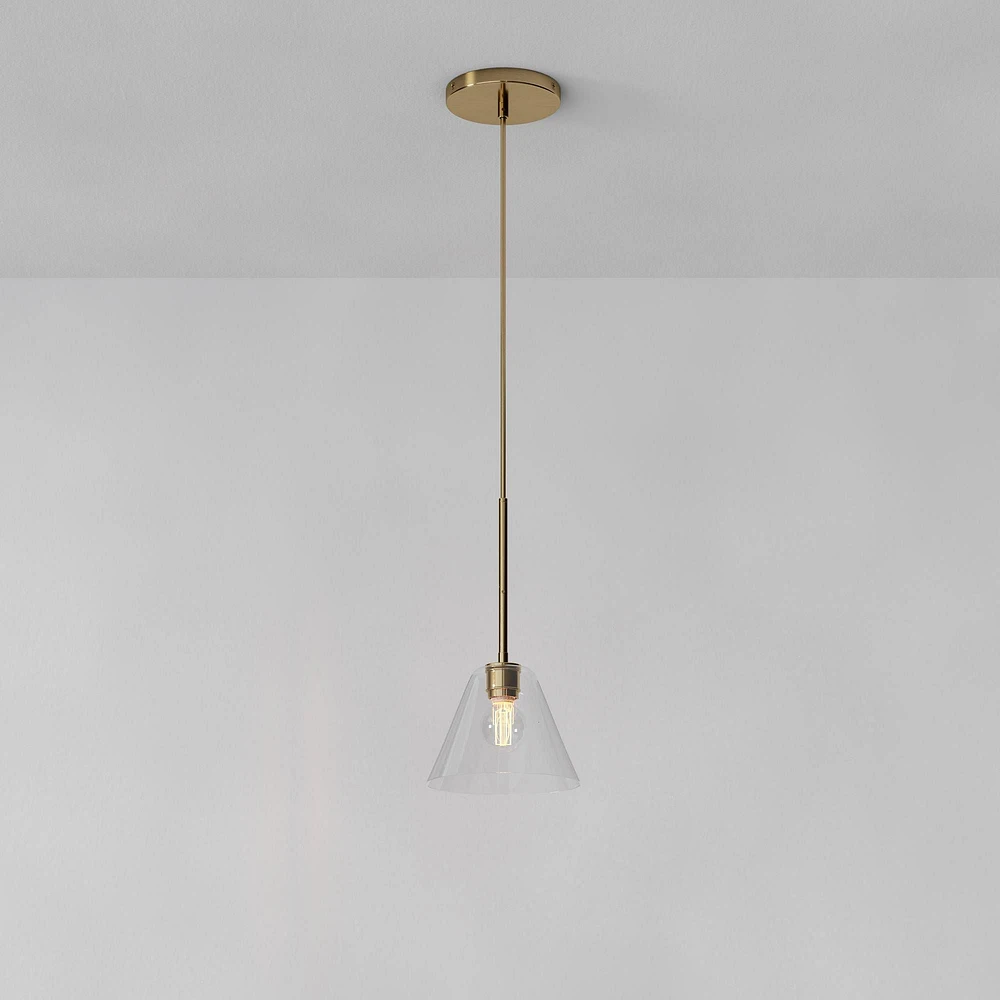 Sculptural Pendant Antique Brass Clear Glass Cone (8")