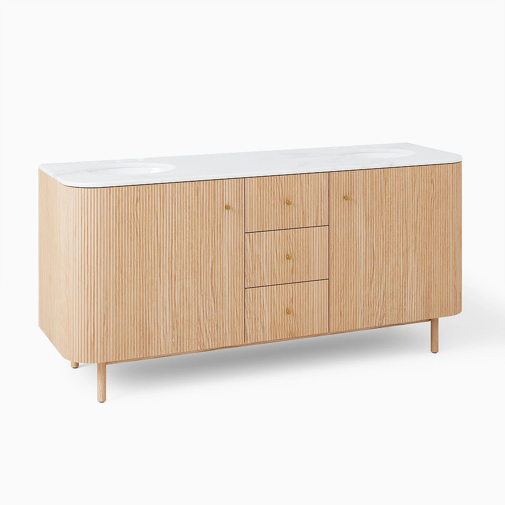 Ellington Double 63" Bath Console, Resin, Blonde, Antique Brass Hardware, White Marble Top