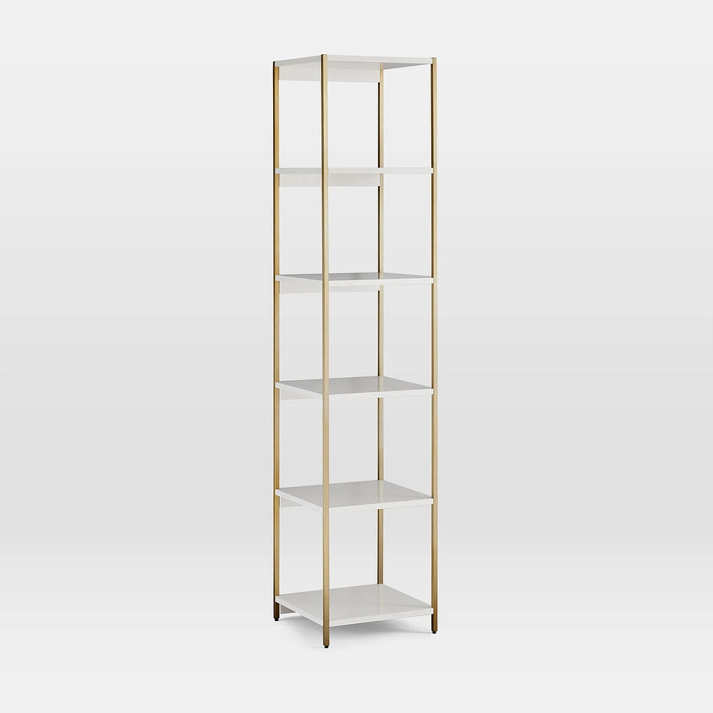 Zane Narrow Bookshelf, White/Antique Brass