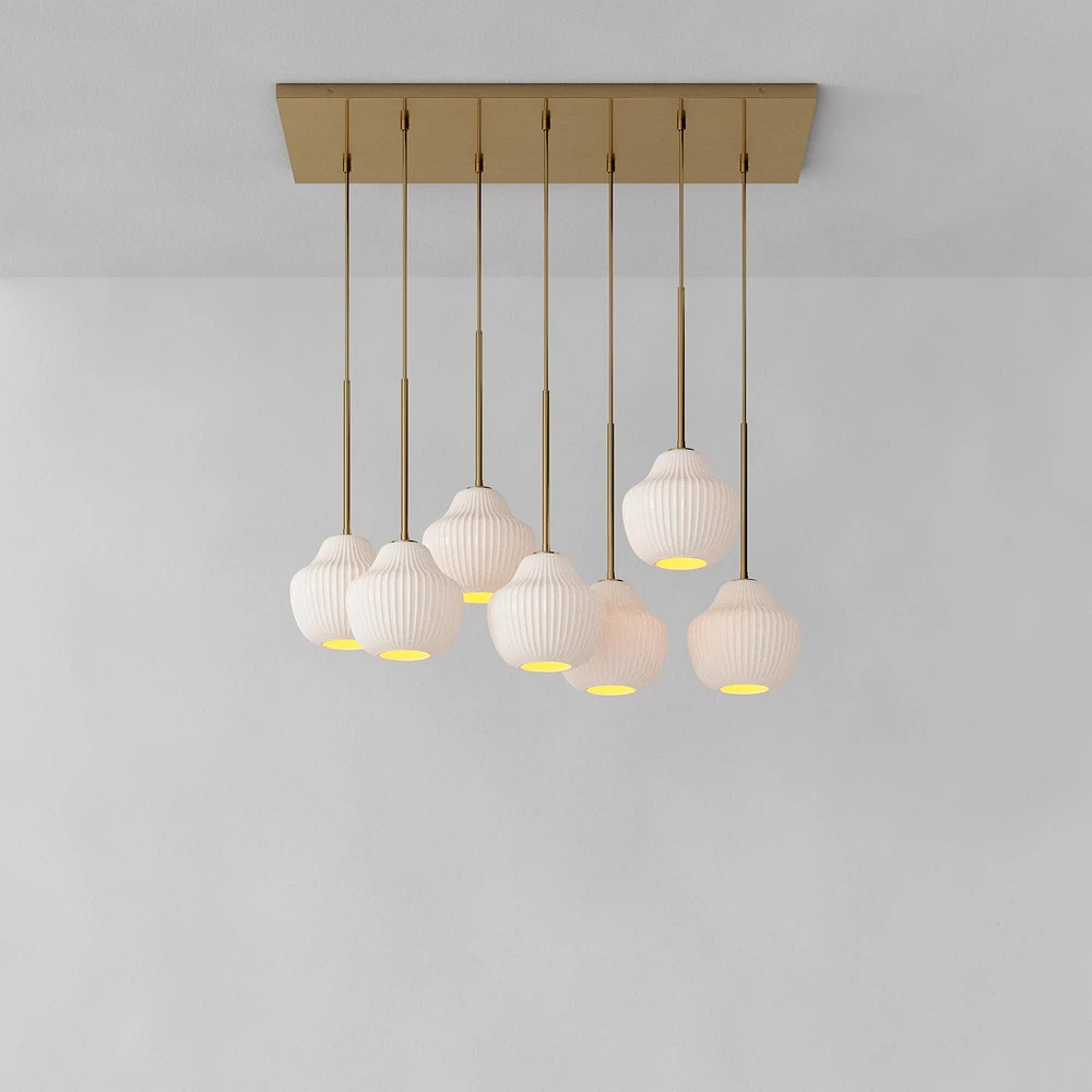Sculptural 7 Light Chandelier Antique Brass Champagne Ribbed 7.5"