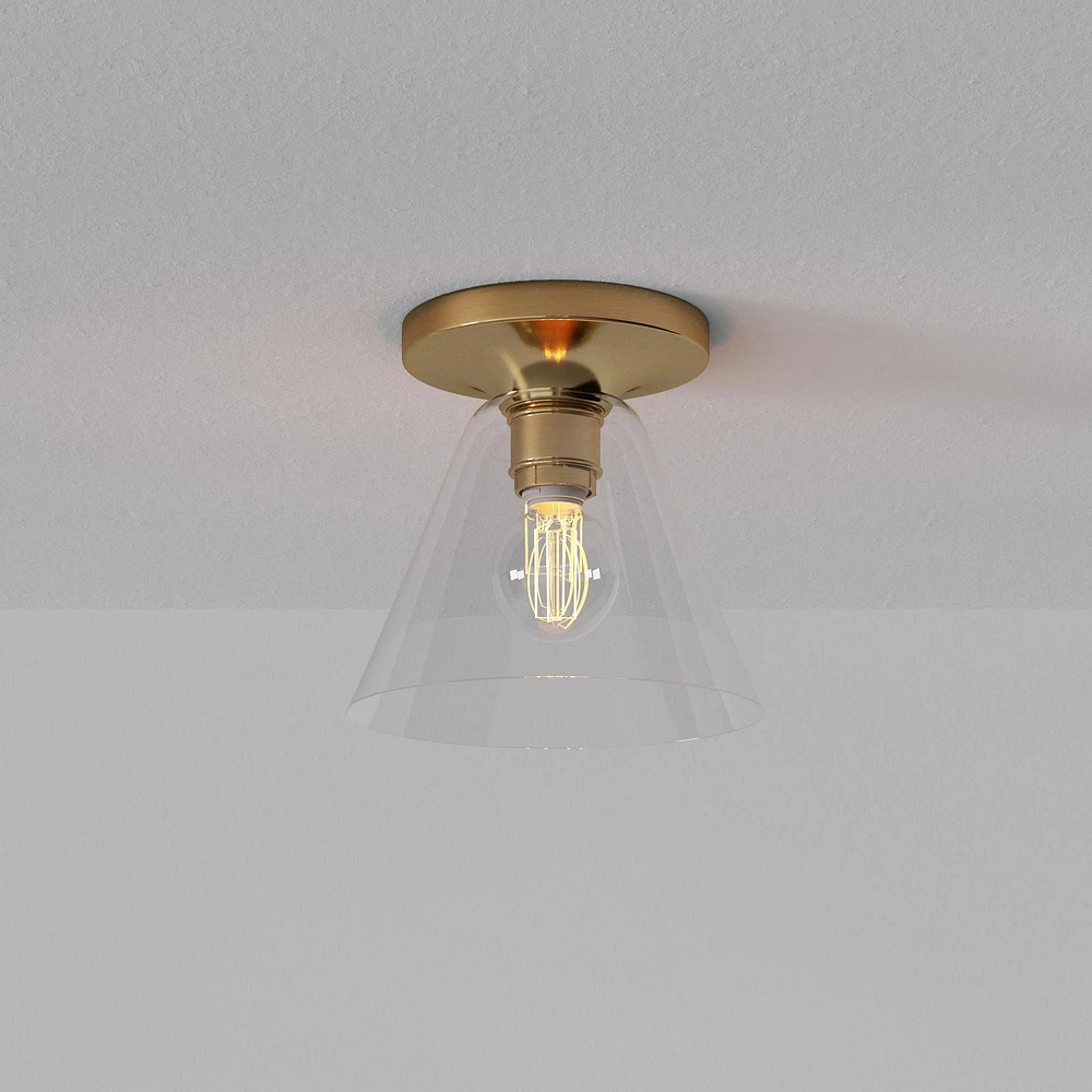 Sculptural Flush Mount Antique Brass Clear Glass Cone (8")